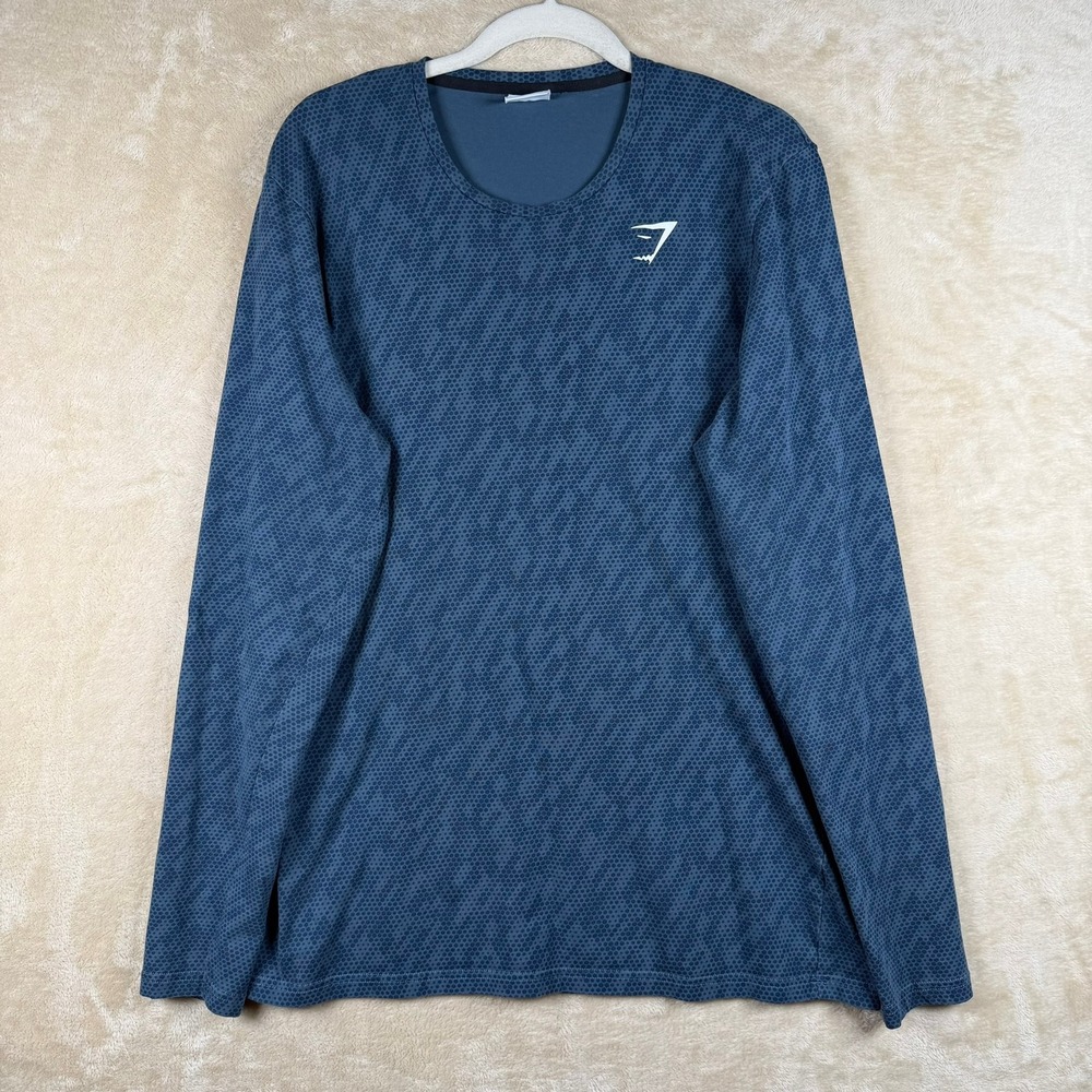 Gymshark Mens Long Sleeve Performance Shirt Blue Hexagon Pattern Large L